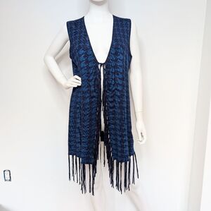 Navy & Blue Houndstooth Open Style Vest Duster  with Long Fringe Trim